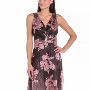 R&M Richards Pink and Black Floral Midi Dress